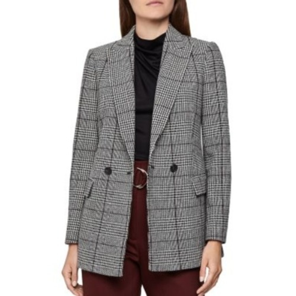REISS Tanna Wool-Blend Plaid Blazer Black/White Women Size 6 Office Casual Warm